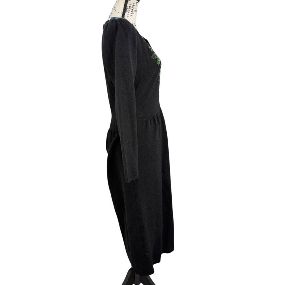Don Sayres Wellmore Black Santana Knit Dress Floral Applique USA 80s Vtg Size 10 - Picture 3 of 8